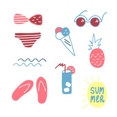 Cute hand drawn summer set of elements. Vector flat illustration on white background