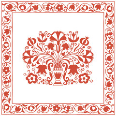 Antique Hungarian embroidery pattern with carnations and pomegranate