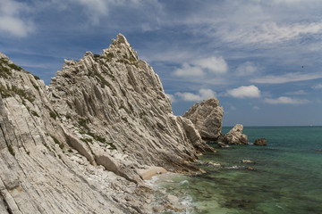 Two Sister (Due Sorelle)  bay , Conero Mountain in the adriatic sea, Italy. Blue sky background...