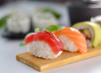 dish with various types of sushi,