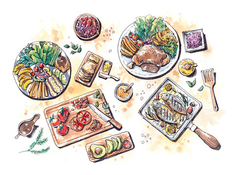 healthy food meal set flat lay watercolor illustration