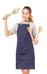 Asian Woman Wearing Apron And Showing Cooking Tools Isolated On White.