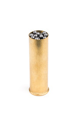 Metallic shotgun shell full of iron shot