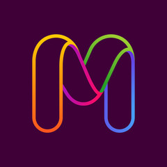 M letter one line neon colorful logo.
