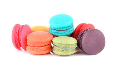 colourful french macaroons or macaron on white background