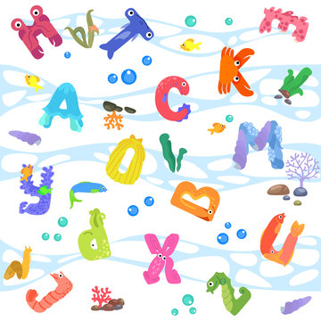 Seamless pattern from letters like sea inhabitants / There are letters of alphabet with eyes, mouths, and fins
