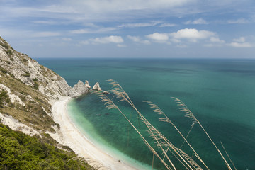 Aerial view of Two Sister (Due Sorelle)  bay , Conero Mountain in the adriatic sea, Italy .