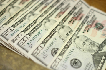 Fifty Dollar bills laid out in a line.