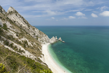Aerial view of Two Sister (Due Sorelle)  bay , Conero Mountain in the adriatic sea, Italy .