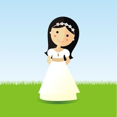 Primera comunión. Niña con un vestido blanco sobre un fondo de jardín