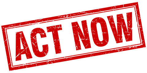 act now red grunge square stamp on white