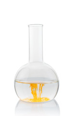 Laboratory flask with colored liquid on a white background