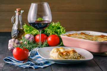 Potion of lasagne on plate