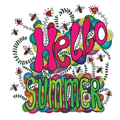 Multicolor summer pattern with inscription Hello summer on the w