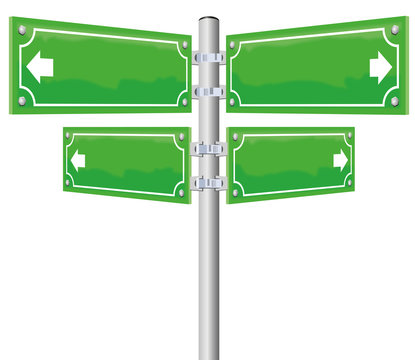 Street name signs - four blank, glossy green, metal panels showing in four different directions. Illustration on white background.