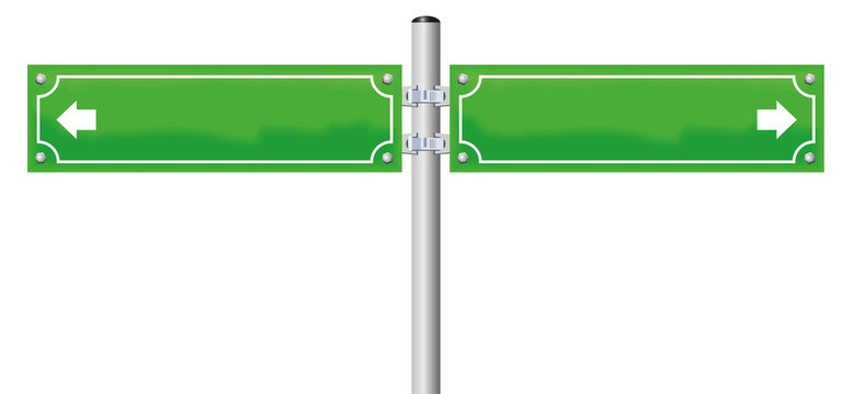 Street name signs - green, blank, with two arrows showing in opposite directions. Isolated vector illustration on white background.