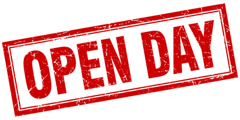 open day red grunge square stamp on white