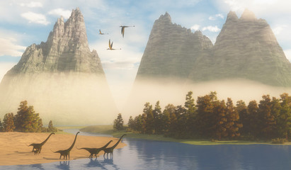 Jurassic Mamenchisaurus Habitat - Dimorphodon reptiles fly over a herd of Mamenchisaurus dinosaurs coming down to a river for a drink. © Catmando