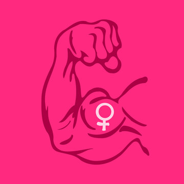 Vector cartoon illustration of Biceps with symbol of female gender on magenta background. Metaphor of feminism and strong feminist women 