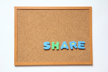 Corkboard with wording share on white background