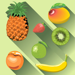 A set of fruits with shadow, pineapple, mango, peach, kiwi, banana, strawberry and lemon, digital vector image.