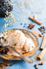 Scoop of homemade ice cream with cinnamon
