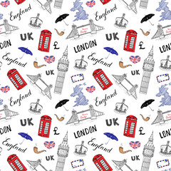 Fototapeta premium Londyn miasto gryzmoły elementów wzór. z ręcznie rysowane tower bridge, korona, big ben, czerwony autobus, mapa Wielkiej Brytanii, flaga i napis, ilustracja wektorowa na białym tle
