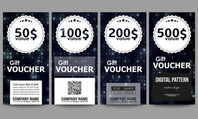 Set of modern gift voucher templates. Virtual reality, abstract technology background with blue symbols, vector illustration