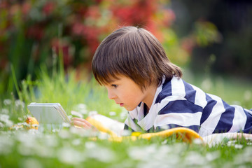 Sweet little boy, lying down in spring flower garden, playing on
