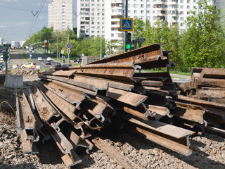 Repair works on replacement of tramways in Moscow, 2016. Cut the old rails, black metal