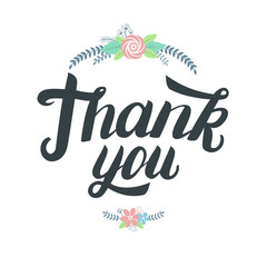 Thank you greeting card. Hand written lettering with cute floral elements. 