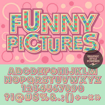Vector lovely heart alphabet. Motley card with text Funny pictures with circles on background. Set of numbers, symbols and letters with blue and red hearts