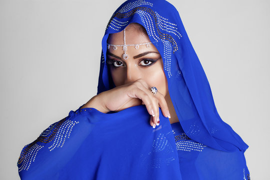 Young Traditional Asian Indian Woman In Indian Blue Sari