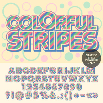 Vector funny striped alphabet. Fantastic card with text Colorful stripes with circles on background. Set of numbers, symbols and letters with pink, blue and green stripes