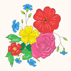 Vector bouquet of colorful flowers. Hand drawing.