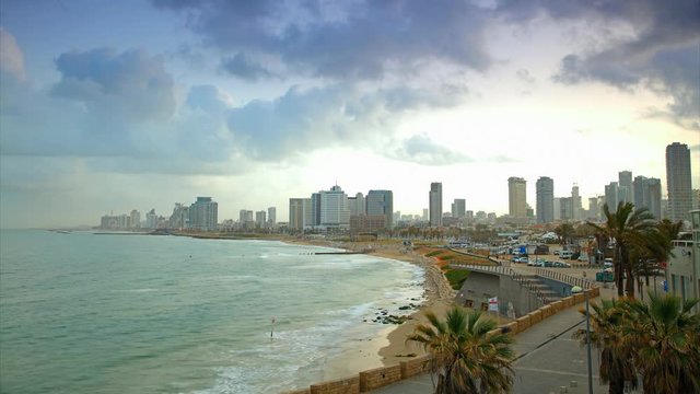 Sunrise view of Tel Aviv from old Jaffa. UHD, 4K. Time lapse