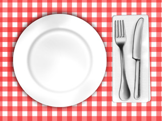 illustration of tablecloth with plate and cutlery
