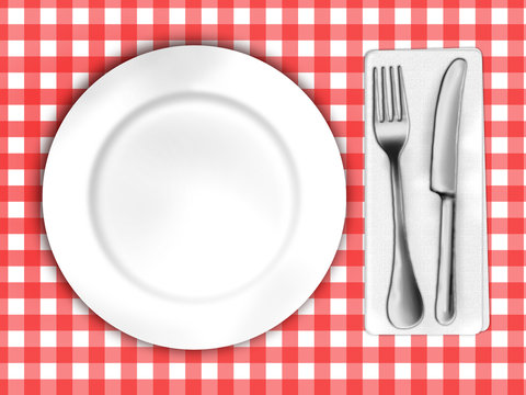 illustration of tablecloth with plate and cutlery
