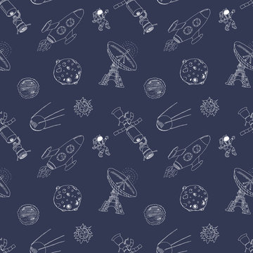 Space doodles icons seamless pattern. Hand drawn sketch with meteors, Sun and Moon, radar, astronaut and rocket. vector illustration
