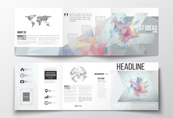 Vector set of tri-fold brochures, square design templates. Molecular construction with connected lines and dots, scientific pattern on abstract colorful polygonal background, modern stylish triangle