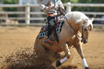 A close up view of a rider sliding the horse in the dirt