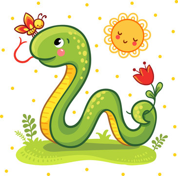 Vector illustration of a cartoon Snake and a butterfly on the sunny lawn. Cute Snake in vector.