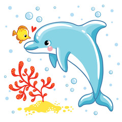 Fototapeta premium Cute cartoon dolphin. Love Dolphin on a white background. Vector illustration.