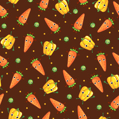 Vector seamless pattern with cute vegeables on dark background. Cartoon vegetable character. Vegetables: carrot, pepper, peas.