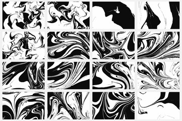 Fototapeta premium Set of abstract backgrounds. Ink marbling textures. Black and white. Hand drawn marble illustrations, ebru aqua paper and silk prints. Traditional Turkish ebru technique. Painting on water.