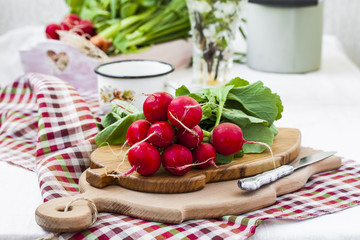 bundle of  bright fresh organic radishes with leaves