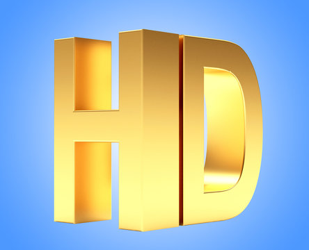 Golden HD TV icon on blue background. 