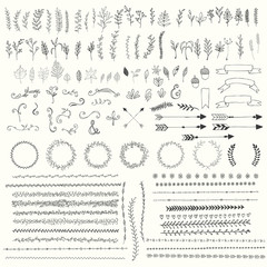 Wręcza patroszonych roczników liście, strzała, piórka, wianki, dzielniki, ornamenty i kwiecistych dekoracyjnych elementy, wektorowa ilustracja - 110200461