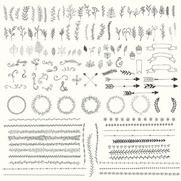 Hand drawn vintage leaves, arrows, feathers, wreaths, dividers, ornaments and floral decorative elements, vector illustration