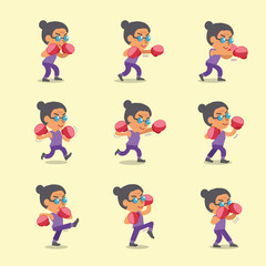 Cartoon set of senior woman doing kickboxing workout